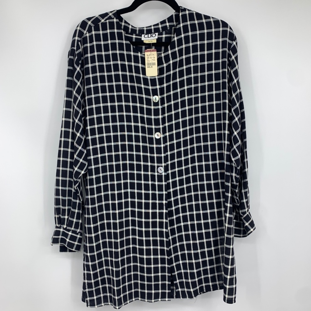 Vintage Clio womens O/S  blouse‎ tunic top plaid side slit lagenlook Dead Stock